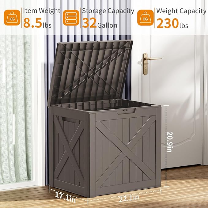 ROJIK 32 Gallon Outdoor Storage Housing Deck Box,Waterproof Patio Furniture, Garden Tools, Cushions, Pool Accessories Storage Bench with Lockable Lid and Side Handles(Grey)