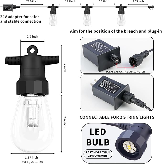 Outdoor String Lights 50FT, Outdoor Lights for Patio with 20 Dimmable RGBW LED Bulbs, IP66 Waterproof Shatterproof, with APP Control & Remote, 24V Adapter Color Change,for Backyard Decor