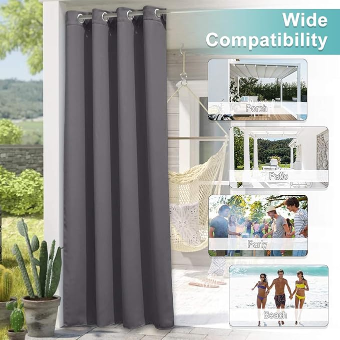 NICETOWN Patio Outdoor Curtain 140" Extra Wide Waterproof for Porch, Grommet Vertical Blinds Thermal Insulated Blackout Divider Drape for Outside Balcony/Lounge, Grey, 1 Panel, 84" Long