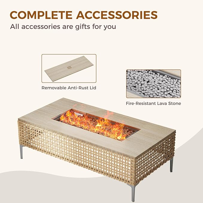 Grand patio 16-Piece Patio Furniture Set with 47" Fire Pit Table, Outdoor Conversation Set & 50,000 BTU 47 Inch Rectangle Propane Fire Pit & Storage Box with Water Resistant Thick Cushions, Cream