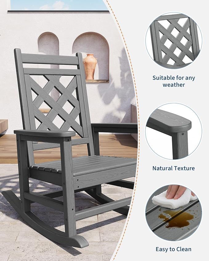 GarveeLife Outdoor Rocking Chair Set of 4, HDPE Weather Resistant Patio Rocking Chair Porch Rocker with Wood Texture & 380 LBS Support for Deck, Pool, Backyard, Gray