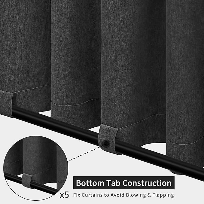 Easy-Going Linen Look Outdoor Curtains Waterproof Windproof Porch Curtains, Soft Thicken Outdoor Privacy Curtains for Patio, Gazebo, Grommet Top and Tab Bottom Drape, 1 Panel, 110x84 inch, Black