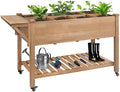 Raised Garden Bed with Lockable Wheels Mobile Elevated Wood Planter,Storage Shelf, Protective Liner,55.5x24x32in (Brown)