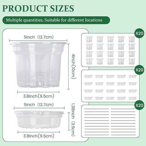 20 Pack 5 Inch Clear Self Watering Plant Pots with Bottom Water Tray & Watering Rope, Transparent Nursery Pots with Drainage for Seedlings, Herbs, and Houseplants