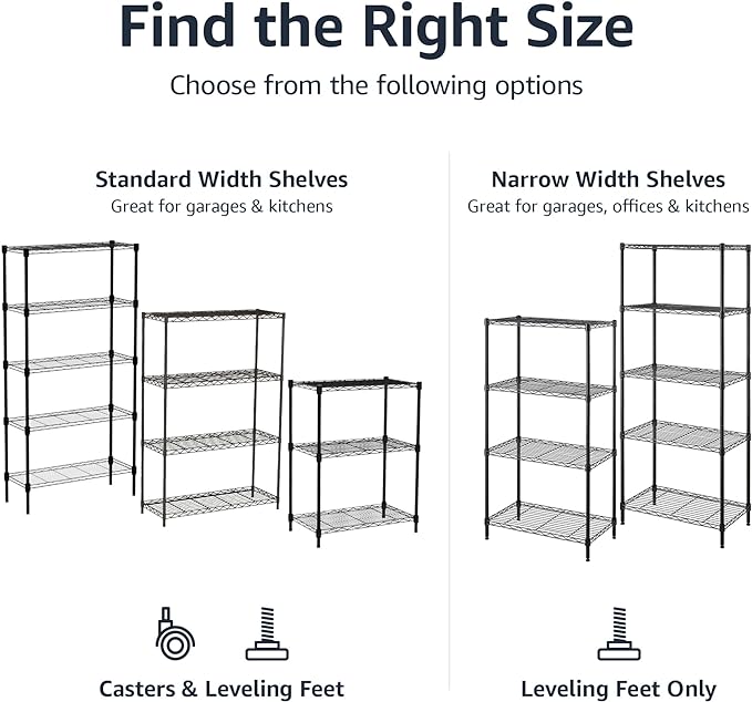 Amazon Basics 4-Shelf Heavy Duty Garage Shelving Storage Unit on 3" Wheel Casters, Adjustable Metal Wire Rack with Leveling Feet, 36" x 14" x 57.75", Black