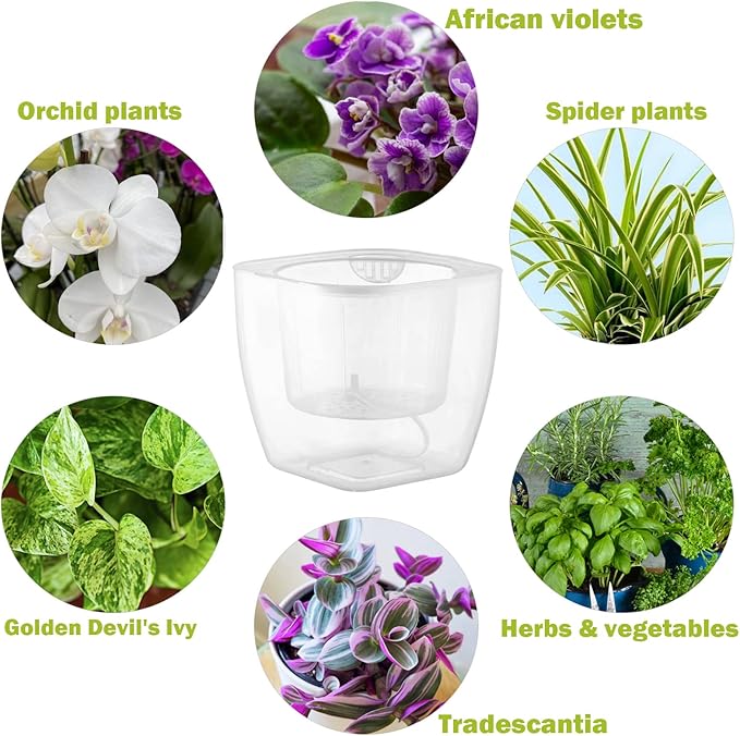 12-Pack Clear Self Watering Planters for Indoor Plants 7" Large African Violet Plant Pots Plastic Wick Flower Pots with Water Injection Hole, Orchid Plant Pot Set, Clear
