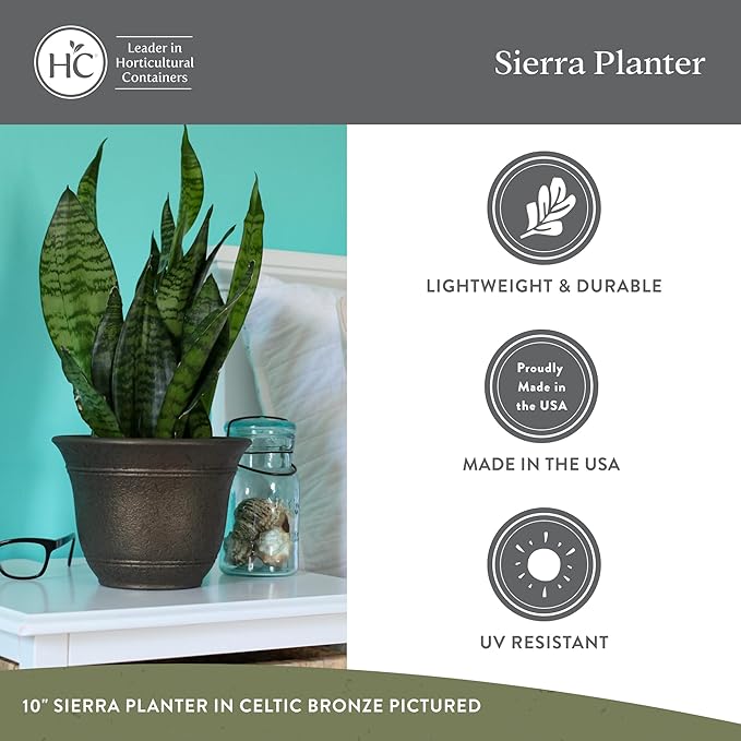 The HC Companies Sierra Round Self-Watering Pot - Lightweight Plastic Planter for Herbs & More - Durable Plant Pots for Indoor Plants & Outdoor Plants (10” Arizona Sand, Pack of 2)