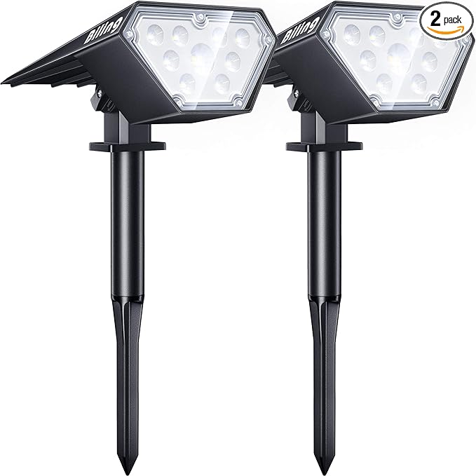 Biling Solar Spot Lights Outdoor, 2-in-1 Solar Landscape Lights 12 LED Bulbs Solar Powered IP67 Waterproof Adjustable Wall Light for Patio Pathway Yard Garden Driveway Pool - White（2pack）