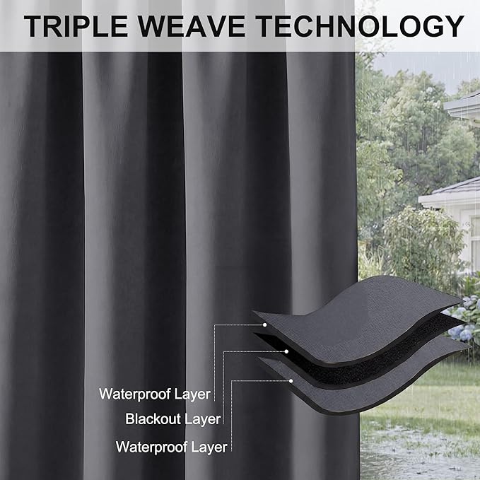 RYB HOME Outdoor Curtains for Patio Waterproof Block Sunlight Thermal Insulated Privacy Assured Thick Outside Curtains for Pergola, Cabana, Gazebo, W52" x L72", Grey, 1 Panel