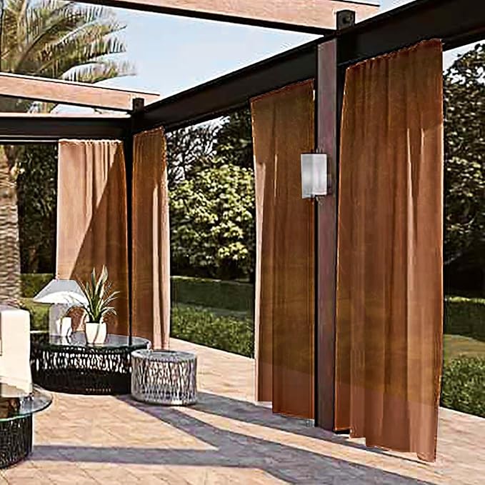 SpaceDresser Waterproof Outdoor Sheer Curtains for Patio - 2 Panels Rod Pocket Indoor Voile Sheer Curtain for Living Room,52W x 108L inch, Brown