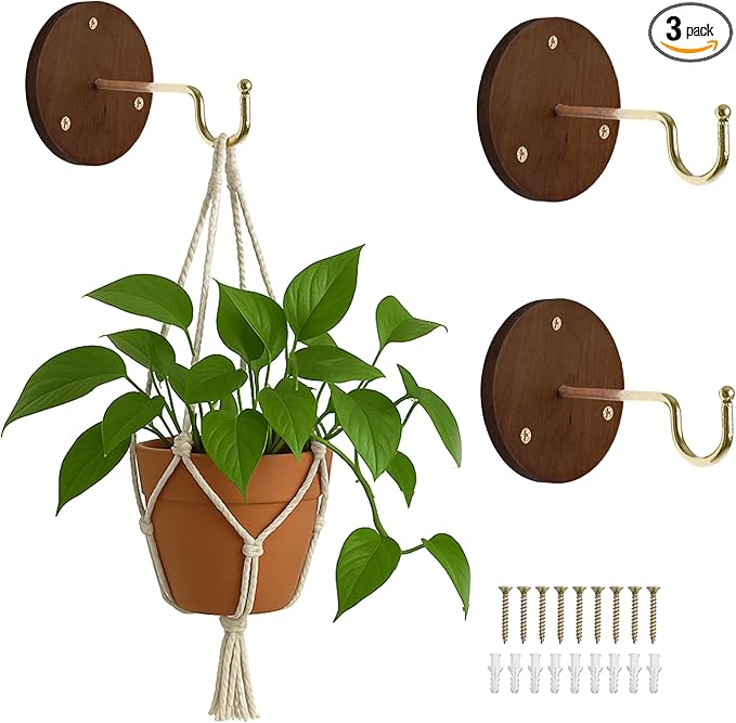 Ilyapa 3 Pack Metal Wall Plant Hangers - 5 Inch Plant Hanger for Indoor - Rustic Brass Finish Hooks for Hanging Plants, Baskets, and Macrame - Indoor Hangers for Plants, Lanterns or Wind Chimes