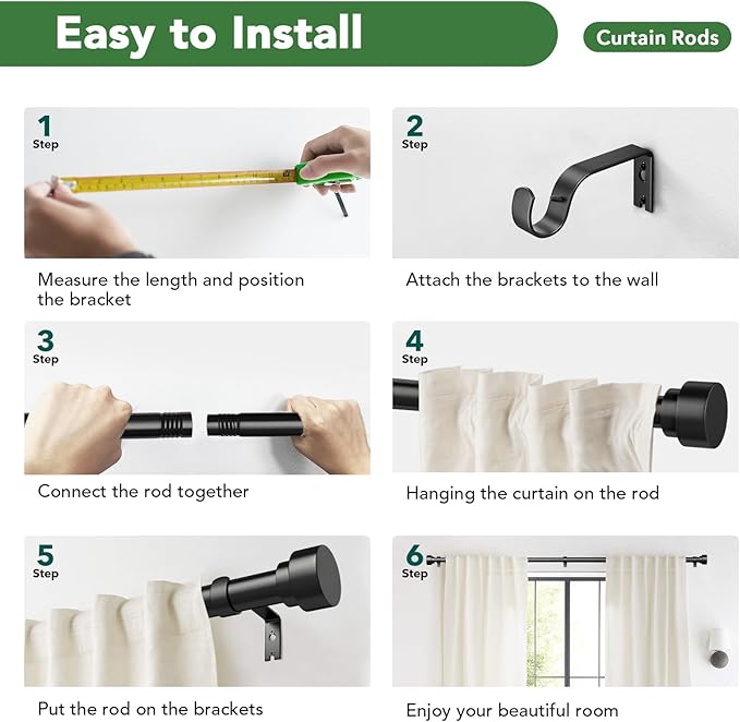 2 Pack Curtain Rods for Windows 66 to 120, 1 Inch Black Adjustable Heavy Duty Extra Long Curtain Rod with End Caps, Modern Indoor Outdoor Window Drapery Rods for Patio Bedroom, Size 32"-120"