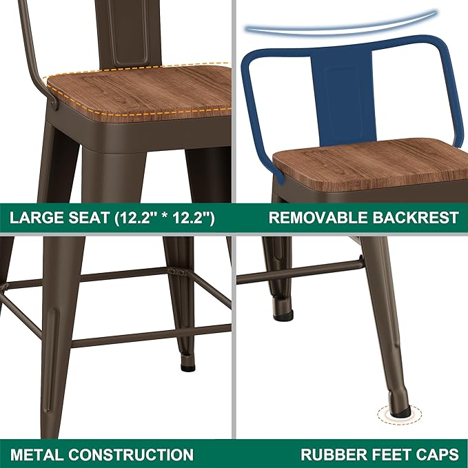 WENTMENT Industrial Rusty Bar Stools Set of 4, 24" Counter Height, Wooden Seat, Removable Back, Stackable