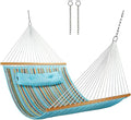 12 FT Double Quilted Fabric Hammock with Spreader Bars and Pillow 450 LBS Weight Capacity 2 Person Hammock for Outdoor Patio Backyard Poolside Blue Stripes