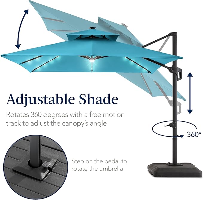Best Choice Products 9x12ft LED Cantilever Patio Umbrella w/Base Included & 360° Rotation, Large Solar Offset Hanging Outdoor Sun Shade for Deck, Backyard Table w/Stand & Lights – Sky Blue