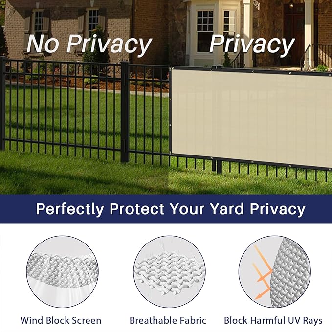 Windscreen4less Privacy Fence Screen Heavy Duty Windscreen Fencing Mesh Fabric Shade Net Cover with Brass Grommtes for Outdoor Wall Garden Yard Pool Deck, 6'x109' Beige