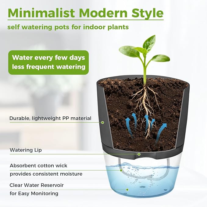 Planterhoma 6 Pack Self Watering Pots for Indoor Plants, 3.2/4/6 Inch Plant Pot Plastic Self Watering Planter for Orchid, African Violet, Small Clear Flower Pots with Drainage Holes and Wicking, Grey