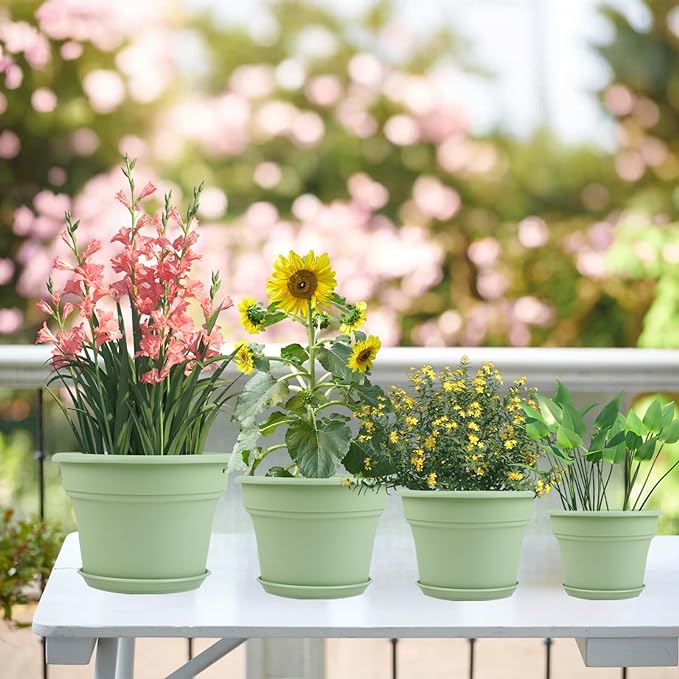 6 Inch Plastic-Flower Pot-for-Indoor Plants, 6 Pack Outdoor Plant Pots with Drainage Holes & Saucers, Resin Garden Pots Planters