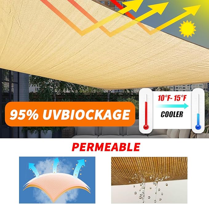 Upgraded with High-Strength Steel Cable Edges 8' x 12' Sun Shade Sail Sand Rectangle, Heavy Duty UV Blockage Outdoor Cover with Steel Wire Edges for Patio Garden