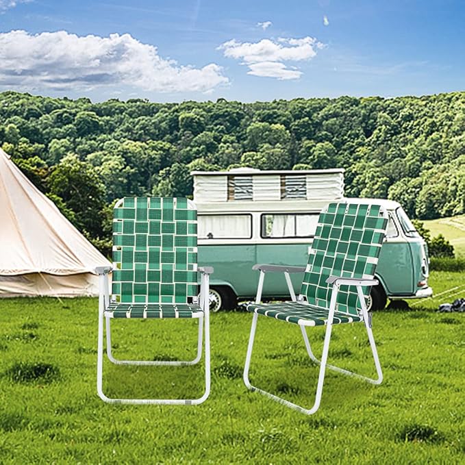 VINGLI Patio Lawn Webbed Folding Chairs Set of 4, Outdoor Beach Chair Portable Dining Chair for Outdoor Yard, Garden (Dark Green, Classic)