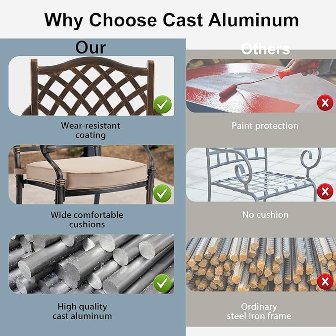 7-Piece Cast Aluminum Patio Furniture, Patio Dining Set for 6 Include 59" Rectangular Outdoor Dining Table, 4 Stackable Chairs & 2 Swivel Chairs with Cushions & Umbrella Hole(Bronze)