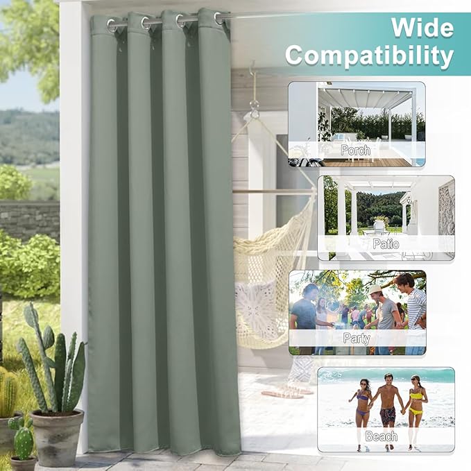 NICETOWN Outdoor Curtain for Patio Waterproof Extra Wide 100 in, Sun Blocking Vertical Blinds Thermal Insulated Stainless Grommet for Front Porch/Gazebo/Pergola, Sage Green, 1 Piece, 84 in L