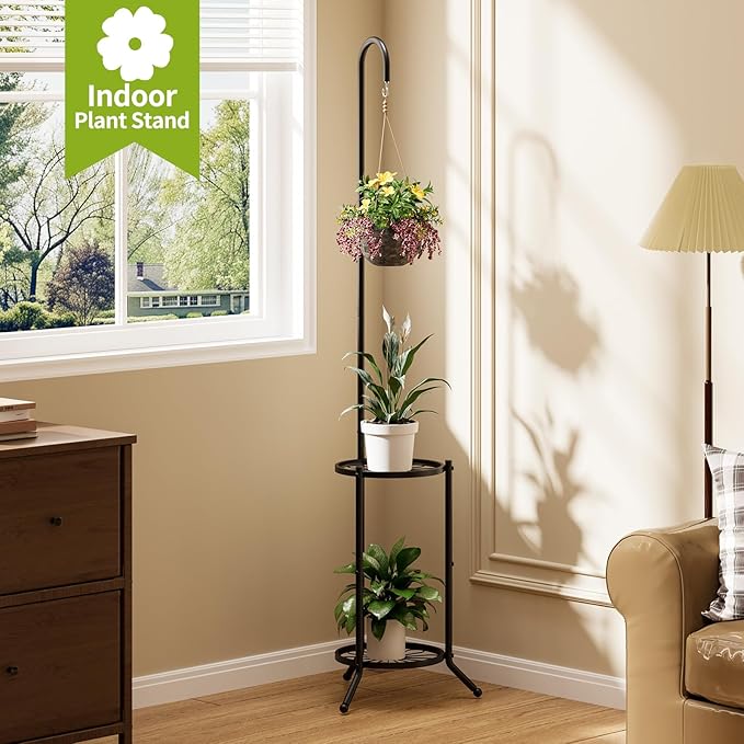 Plant Stand with Hooks Indoor Outdoor Corner Tall Plant Stand Heavy-Duty Metal 3-Tier Plant Shelf Holder Rack for Patio Garden Balcony Living Room Bedroom(semicircular Black)