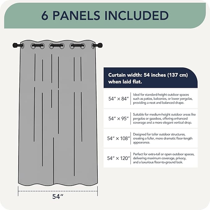 Gazebo Curtains Outdoor Waterproof 6 Panels - Windproof, Privacy, Weatherproof Outside Drapes for Patio Pergola Porch, Grommet Top and Tab Bottom Drape, 54x84 Inch, Taupe