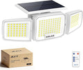 White Solar Security Light Outdoor Super Bright LED, Motion Sensor Flood Light, 3 Heads 270° Wide Angle, Remote Control, IP65 Waterproof, 3 Modes (1 Packs)