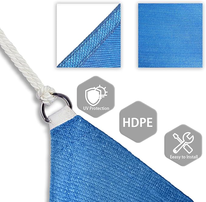Patio Paradise 10' x 10' x 10' Sun Shade Sail Triangle Canopy Shade Cloth Fabric Sunlight Block Patio Pergola Cover HDPE Deck Awning for Outdoor Backyard Roof Shading, Blue
