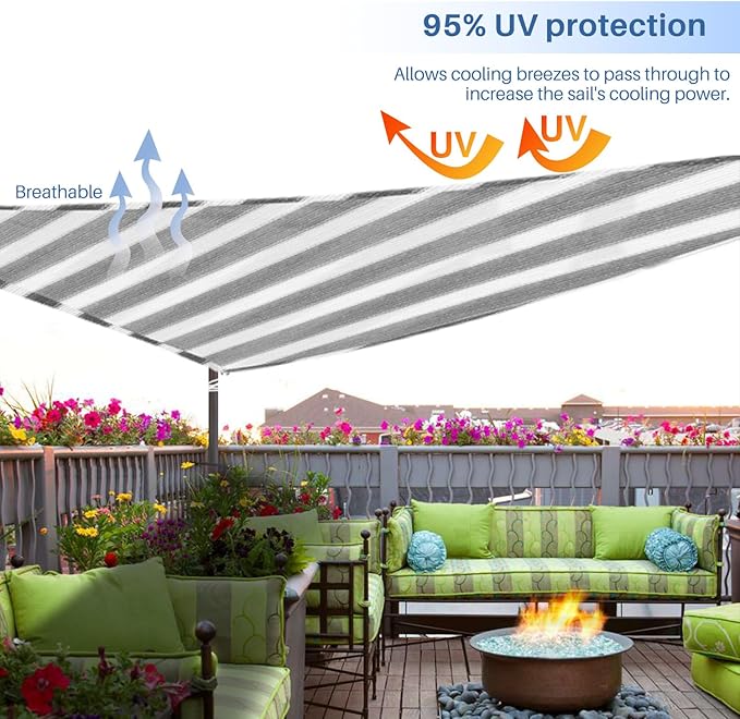 E&K Sunrise 8' x 8' x 8' Sun Shade Sail Triangle Canopy Shade Cover UV Block for Patio Backyard Garden Outdoor (Gray White Strip)