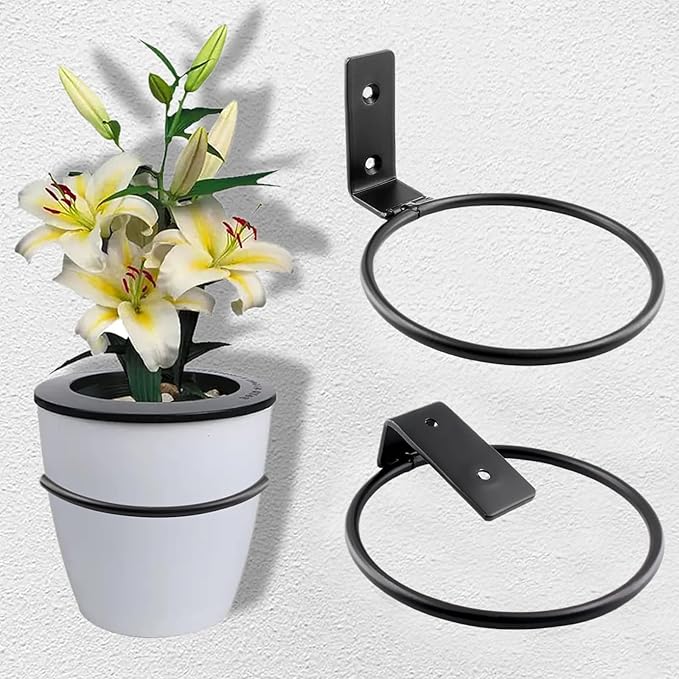 6 Pack 5 inch Flower Pot Holder Ring, Flower Pot Holder Ring Wall Mounted Set Wall Mounted Metal Planter Hanger Matte Black Hanging Plant Holder