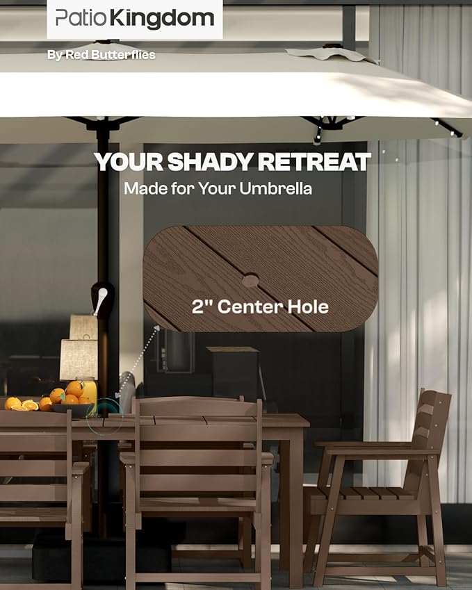 5-Piece Brown Outdoor Dining Set for 4, 75.2'' HDPE Table with Umbrella Hole & Chairs, Weather-Resistant Patio Furniture for Garden, Lawn, or Poolside