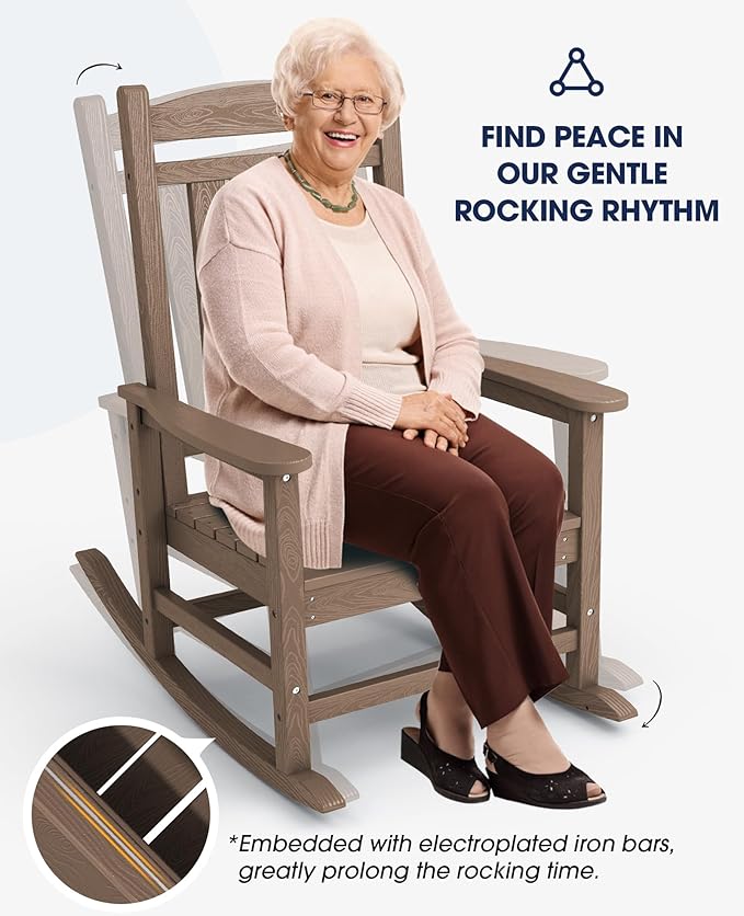 KINGYES HDPE Outdoor Rocking Chair Set of 4, All-Weather Poly Patio Rocking Chairs with 330lbs Support for Adults, Brown