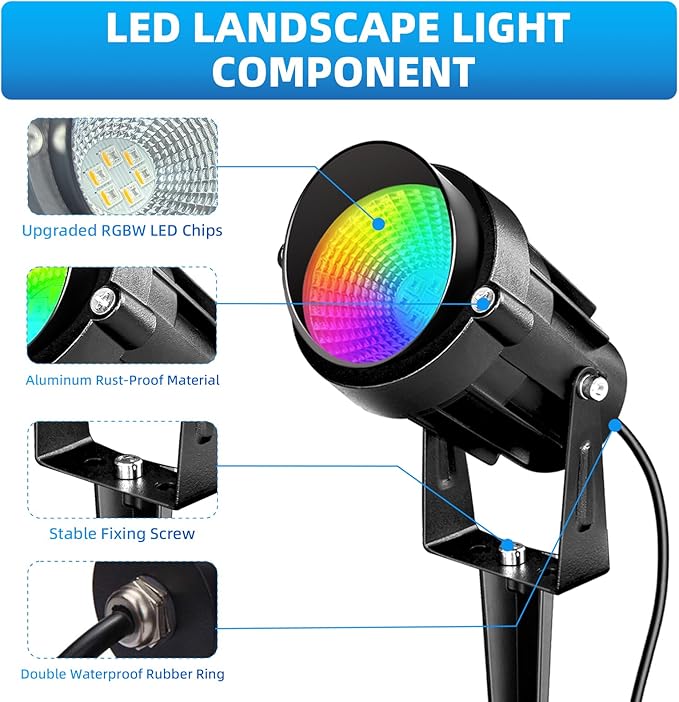 Low Voltage Landscape Lighting,12V-24V RGBW Color Changing Landscape Lights IP67 Waterproof Landscape Spotlights for Garden Yard Holiday Halloween Christmas Decor (6 Pack)