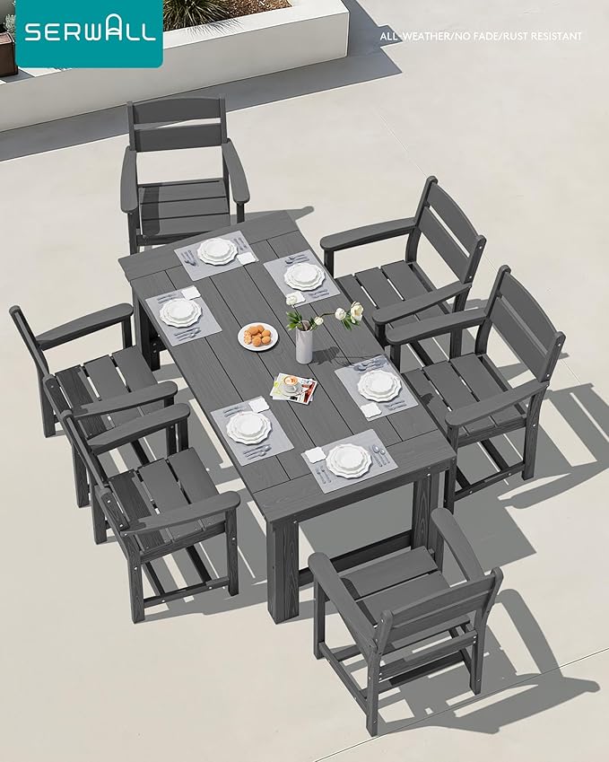 SERWALL Outdoor Dining Table Set, 67‘’ HDPE Patio Dining Set for 6, Outdoor Table and Chairs Set with 1.6-inch Umbrella Hole for Deck, Grey