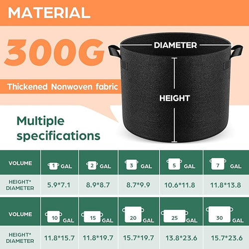 10 Pack 10 Gallon Grow Bags, Thickened Nonwoven Fabric Planter Pots with Handles, Heavy Duty 300G Garden Pots for Tomato, Potato and Vegetable
