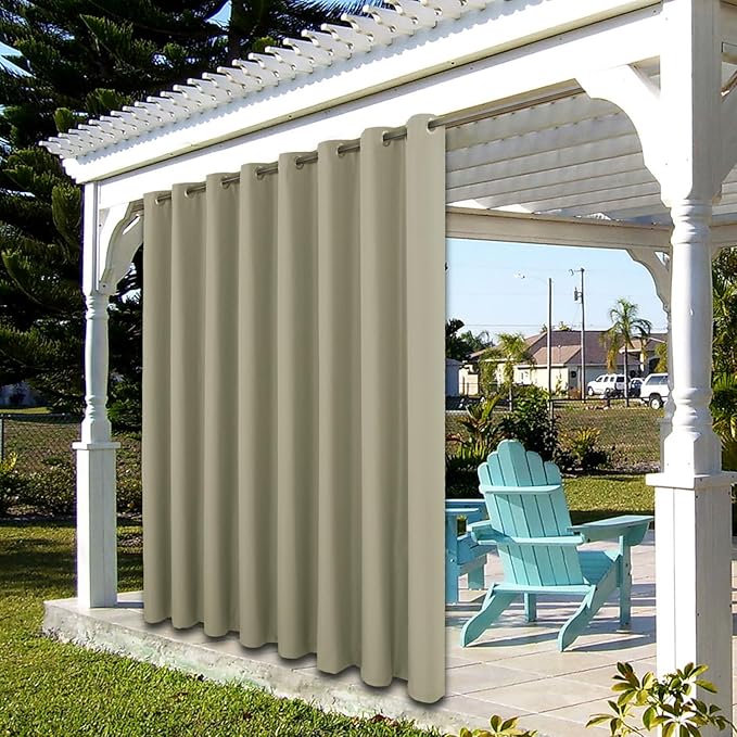 BONZER Extra Wide Waterproof Outdoor Curtains for Patio Heavy Privacy Light Filtering Grommet Outside Curtains for Porch, Pergola, Gazebo, 1 Panel, 150W x 95L inch, Taupe