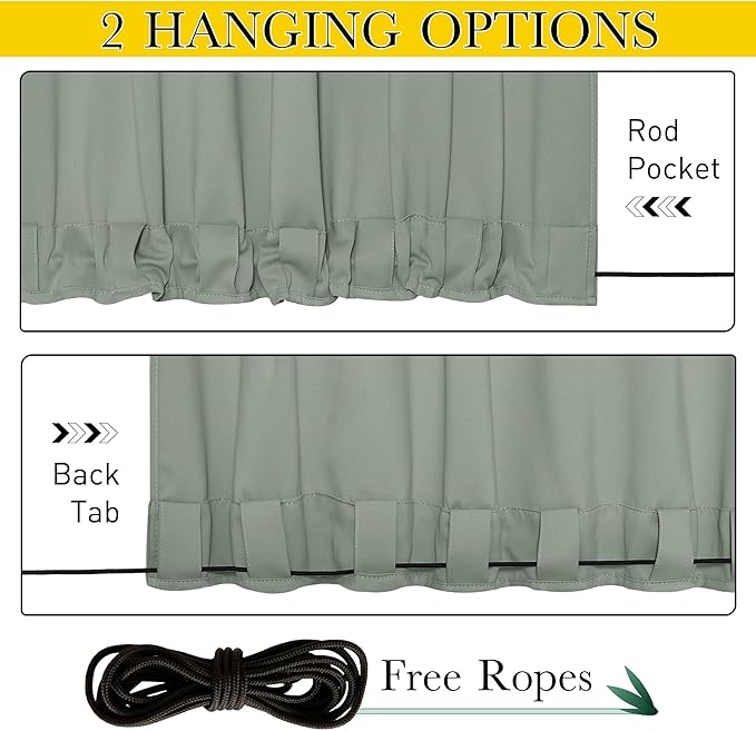 NICETOWN 2 Panels Outdoor Curtains for Patio Extra Wide 84", Waterproof & Windproof Grommet & Back Tab Fixed Top and Bottom Thermal Insulated Drapes with Rope for Gazebo, Sage Green, W84 x L84