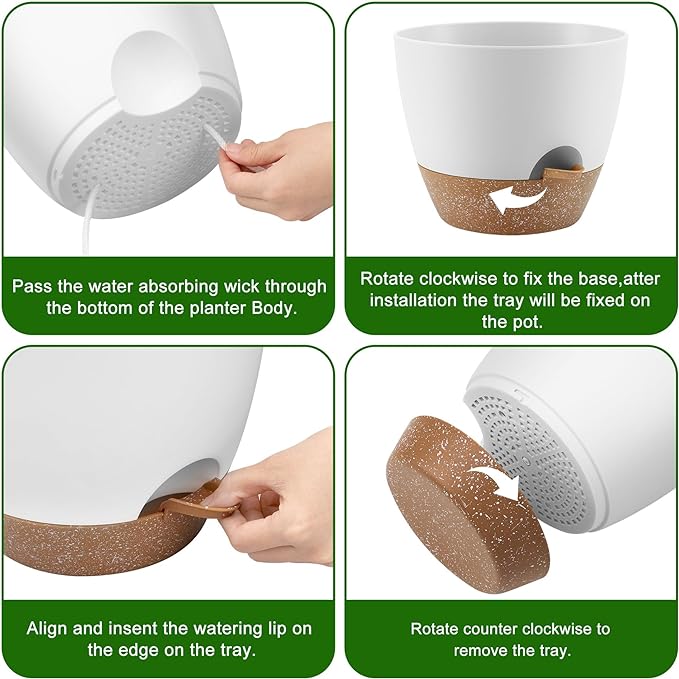 Plant Pots 10/9/8 Inch Self Watering Pots, Set of 3 Plastic Planters with Drainage Holes and Saucers,Plastic Flower Pots,Nursery Planting Pot for Indoor Out Door Plants（White）
