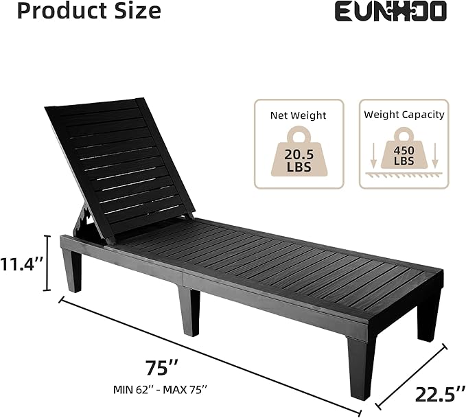 Chaise Lounge Outdoor Set of 4,Adjustable Pool Lounge Chair with 5 Positions Backrest, Waterproof Sun Loungers for Garden Pool Beach Patio Deck Sunbathing.Black