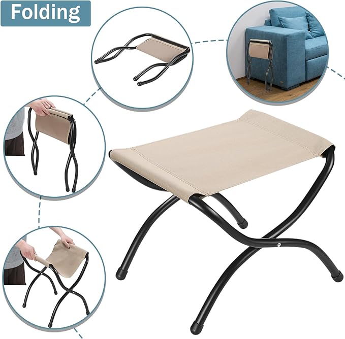 15" Foldable Foot Stool Ottoman with Metal Frame - Washable Faux Fur Grey Upholstered Indoor/Outdoor Footrest for Living Room, Bedroom, Patio - Space-Saving Compact Design