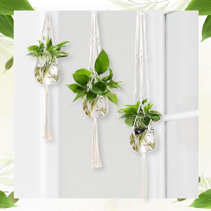 6 Pcs Boho Macrame Plant Hanger with Small Plastic Pot Hanging Plant Holder Wall Planter Propagation Station Include Hooks Kit for Indoor Home Garden Office Decor 3 Size (White)