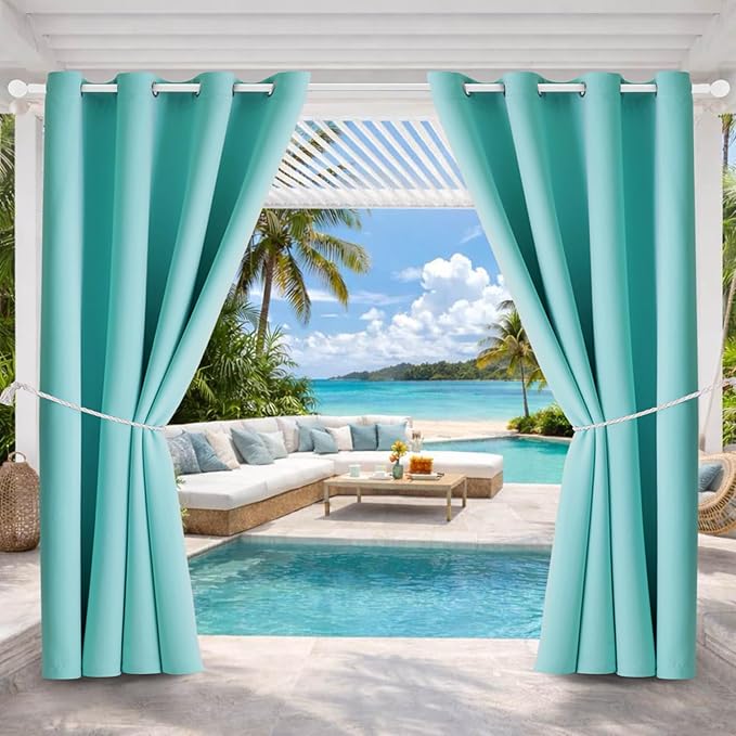 DIVA EN CAMINO DEC Outdoor Patio Curtain Waterproof Darkening Thermal Insulated Indoor Curtains for Bedroom, Porch, Living Room, Pergola, Cabana, W52 x L132, Teal Blue, Set of 2 Panels