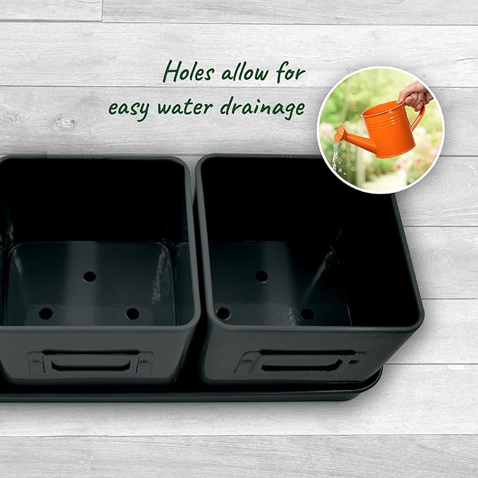 volila Herb Planter Indoor - Set of 3 Black Indoor Herb Garden Pots for Plants with Leather Handled Tray - Window Sill Plant Shelf - Herb Pots with Drainage Holes and Labels