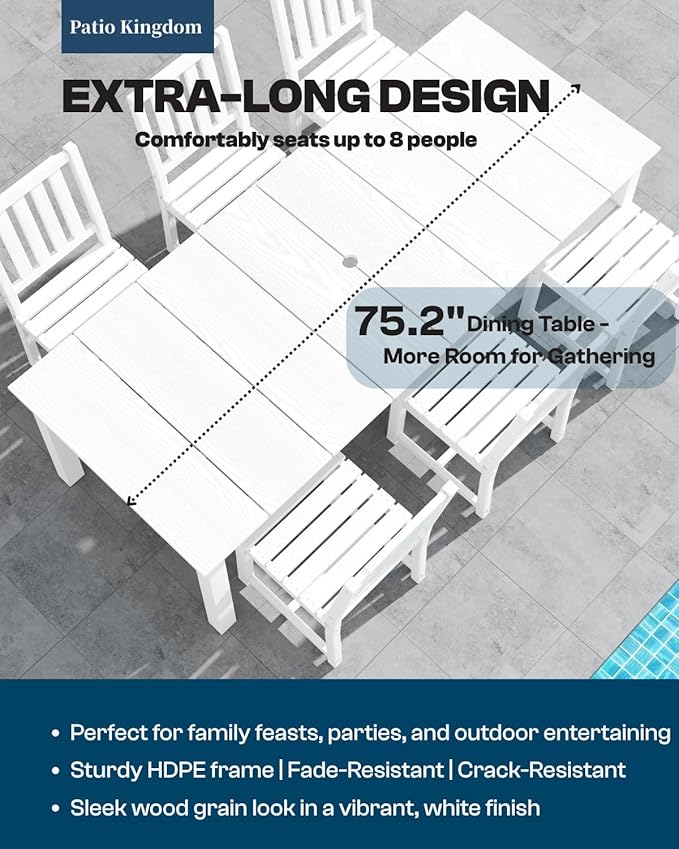 7-Piece White Outdoor Dining Set for 6, 75.2'' HDPE Table with Umbrella Hole & Chairs, Weather-Resistant Patio Furniture for Garden, Lawn, or Poolside