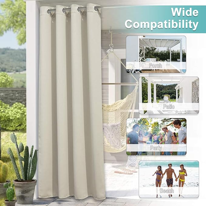 NICETOWN Outdoor Patio Curtains Waterproof, Stainless Steel Grommet Porch Decor Thermal Insulated Windproof Weighted Curtain for Outdoor Open-air Film, Beige, 1 Piece, W52 x L84 Inch