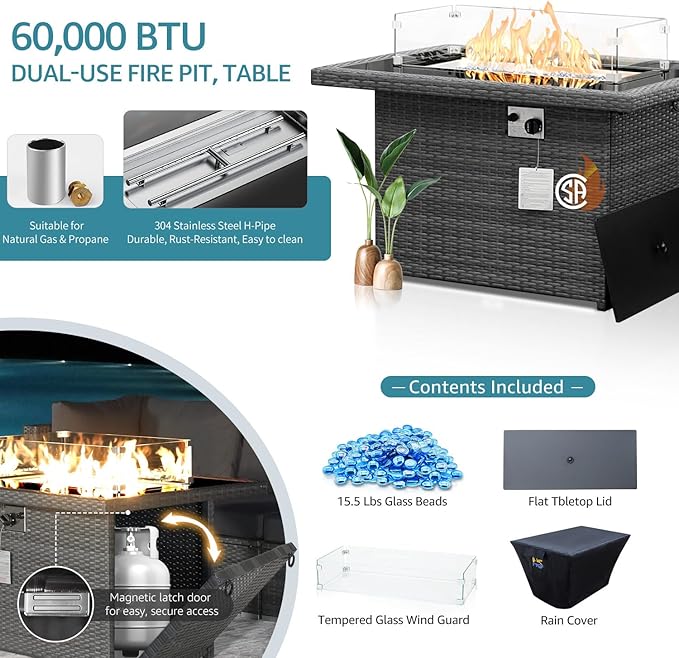 NICESOUL 13-Piece Patio Furniture Set with Fire Pit, High-End Big Group Outdoor Patio Set with Fire Pit & Chaise Lounge, Wicker 29.3'' High Back Sofa Deep Sitting, Grey & Turquoise