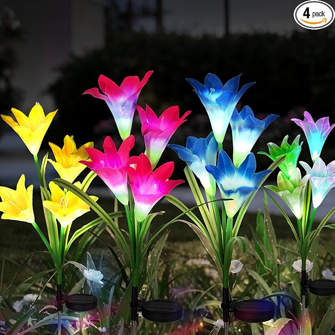 echosari 4 Pack Color Changing Solar Lights Outdoor Waterproof, Solar Lily Flower Stake Lights Auto ON/Off Solar Garden Lights for Lawn Pathway Landscape Garden Gifts for Mom Women Grandma