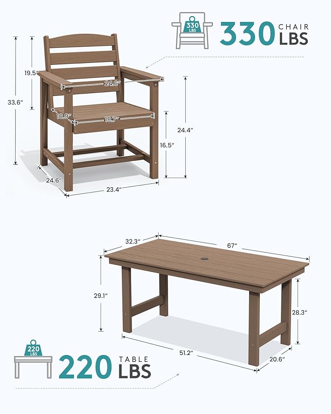 SERWALL Outdoor Dining Set for 6, HDPE Furniture with Umbrella Hole & Bench & Chairs, All Weather, Brown